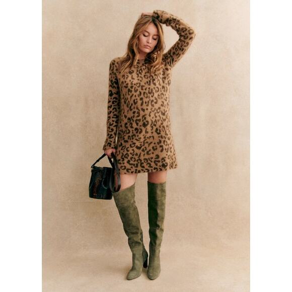 Sezane Robe Fanie Kid Mohair & Wool Sweater Mini Dress in Leopard Sz XXL